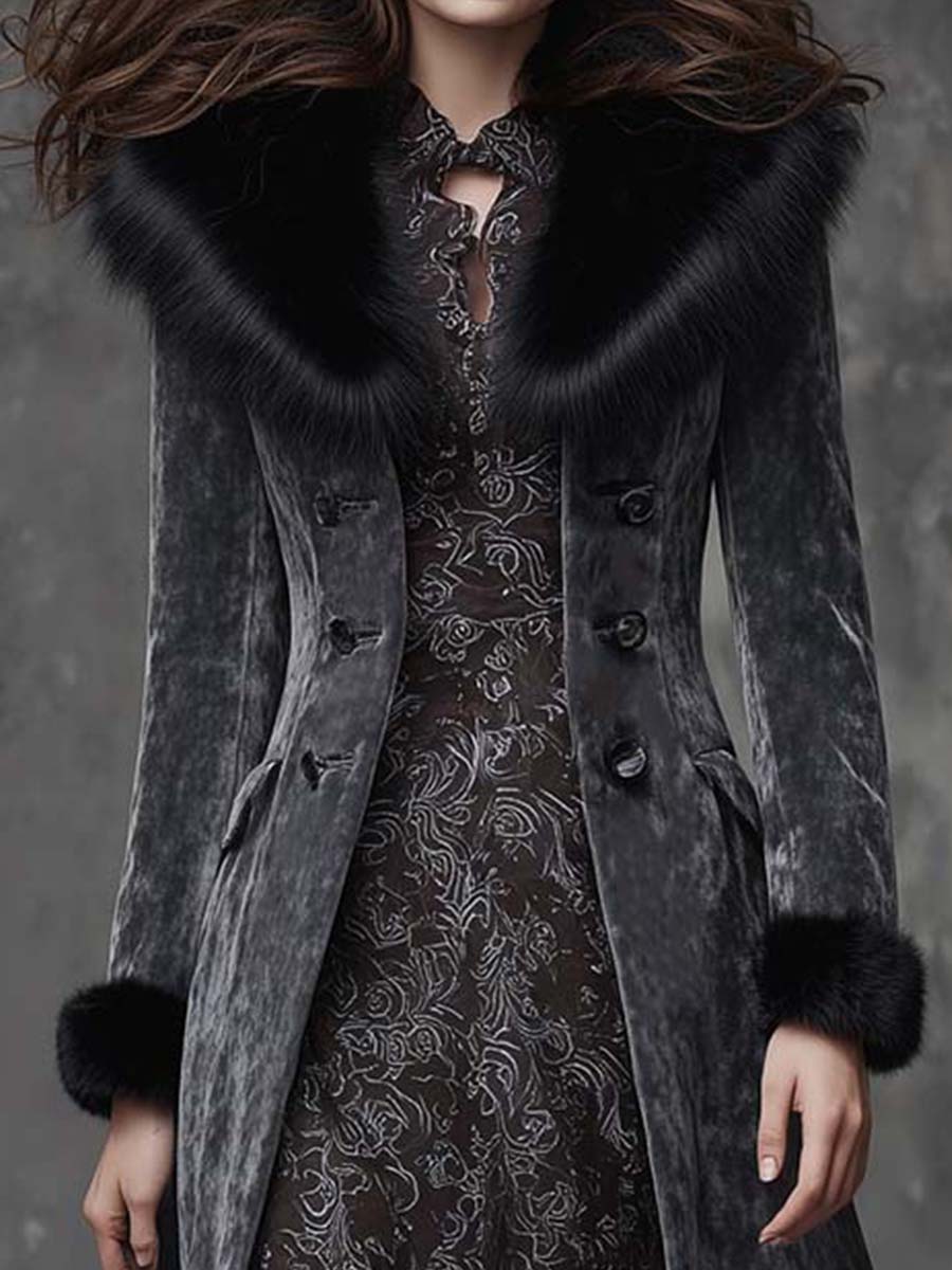 Gray Eco-Suede Long Coat With Faux Fur Collar & Cuffs