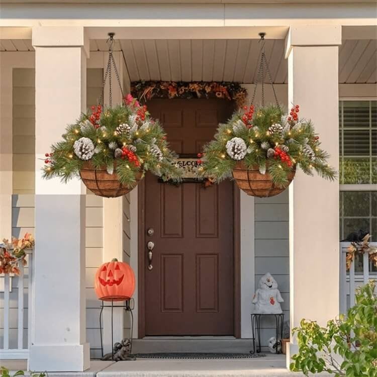 Christmas Hanging Basket - Flocked with Mixed Decorations and White LED Lights - Frosted Berry