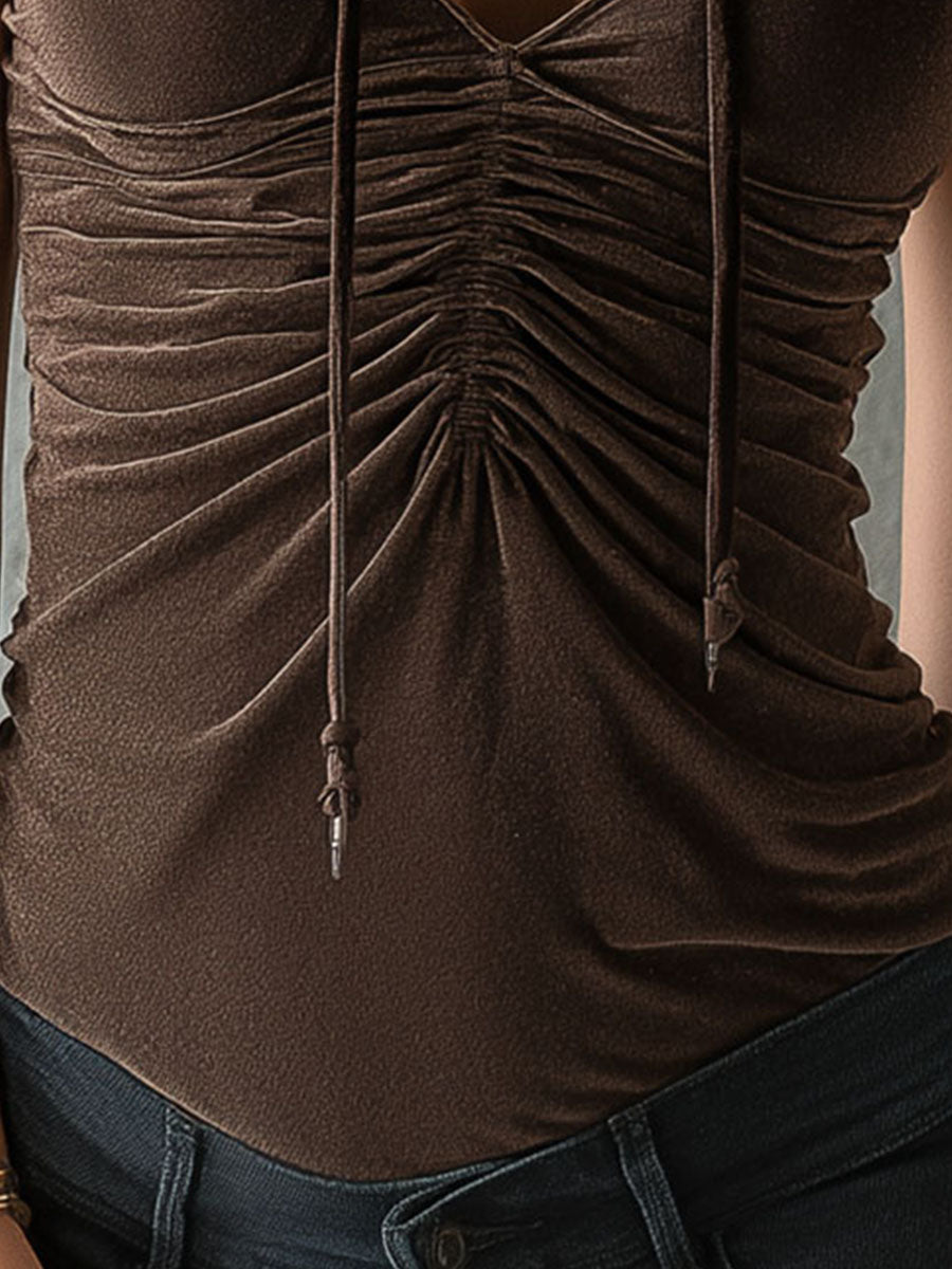 Ruched Brown Velvet Fitted Short Sleeve Hooded Top