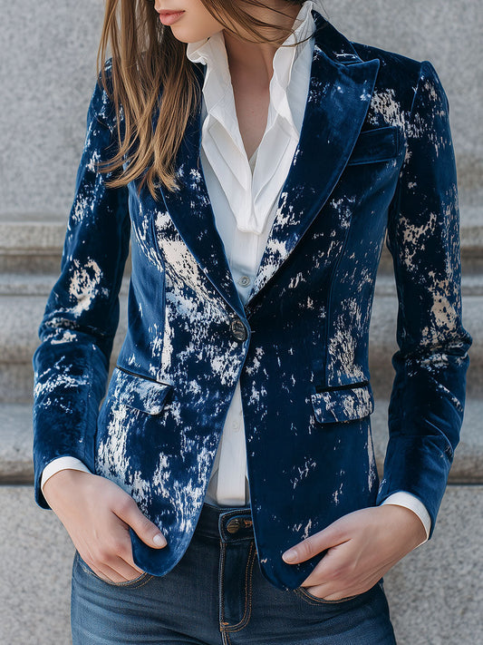 Chic Midnight Blue Shimmering Marble Effect Crushed Velvet Blazer