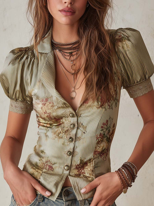 Vintage Sage Satin Pinstripe Floral Blouse