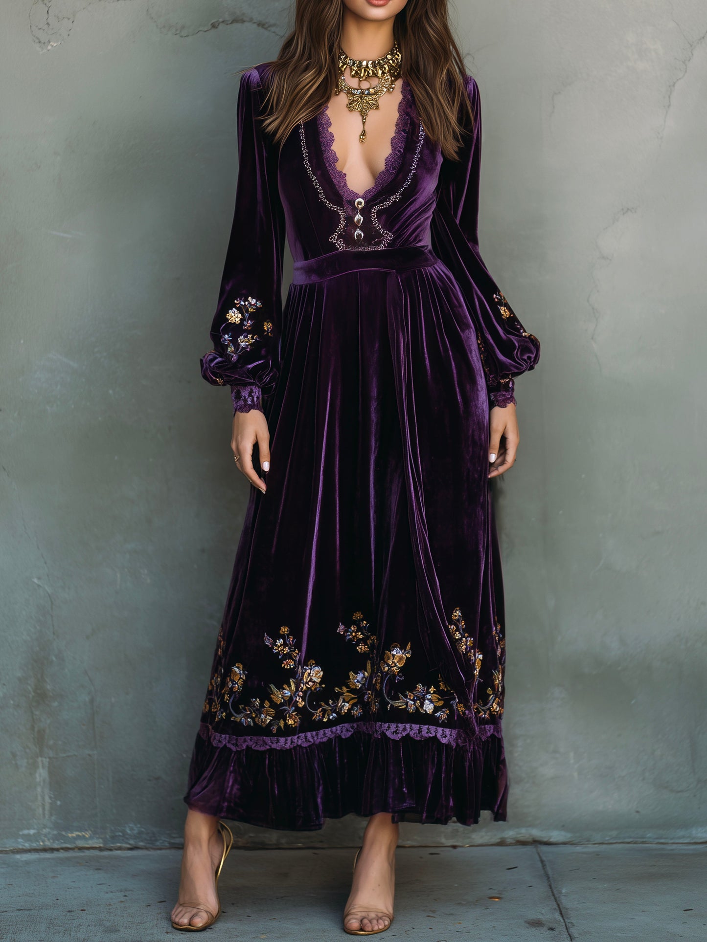 Vintage Deep Purple Velvet Embroidered Evening Gown With Lace Trim