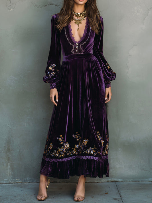 Vintage Deep Purple Velvet Embroidered Evening Gown With Lace Trim