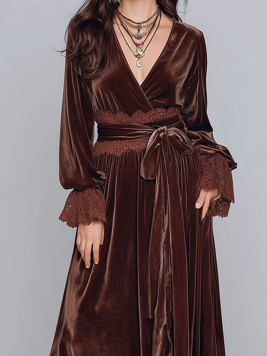 Retro Gold Velvet Lace Splicing Maxi Dress With Belt