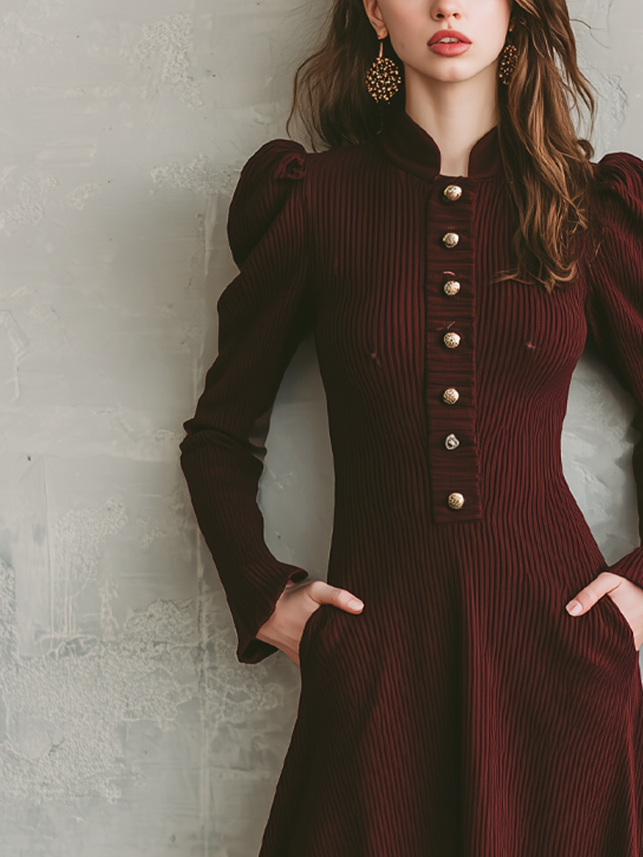 Vintage Metal Button Knitted Midi Dress