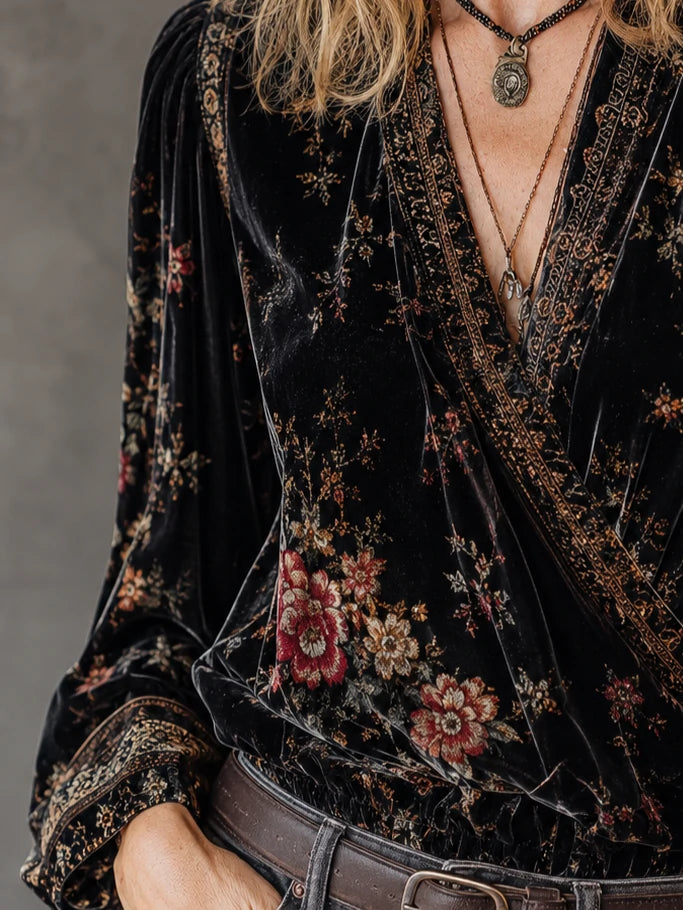 Black Velvet Floral Surplice Wrap Blouse