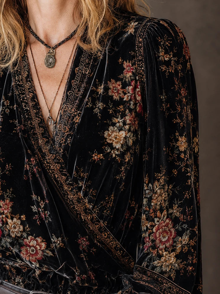 Black Velvet Floral Surplice Wrap Blouse