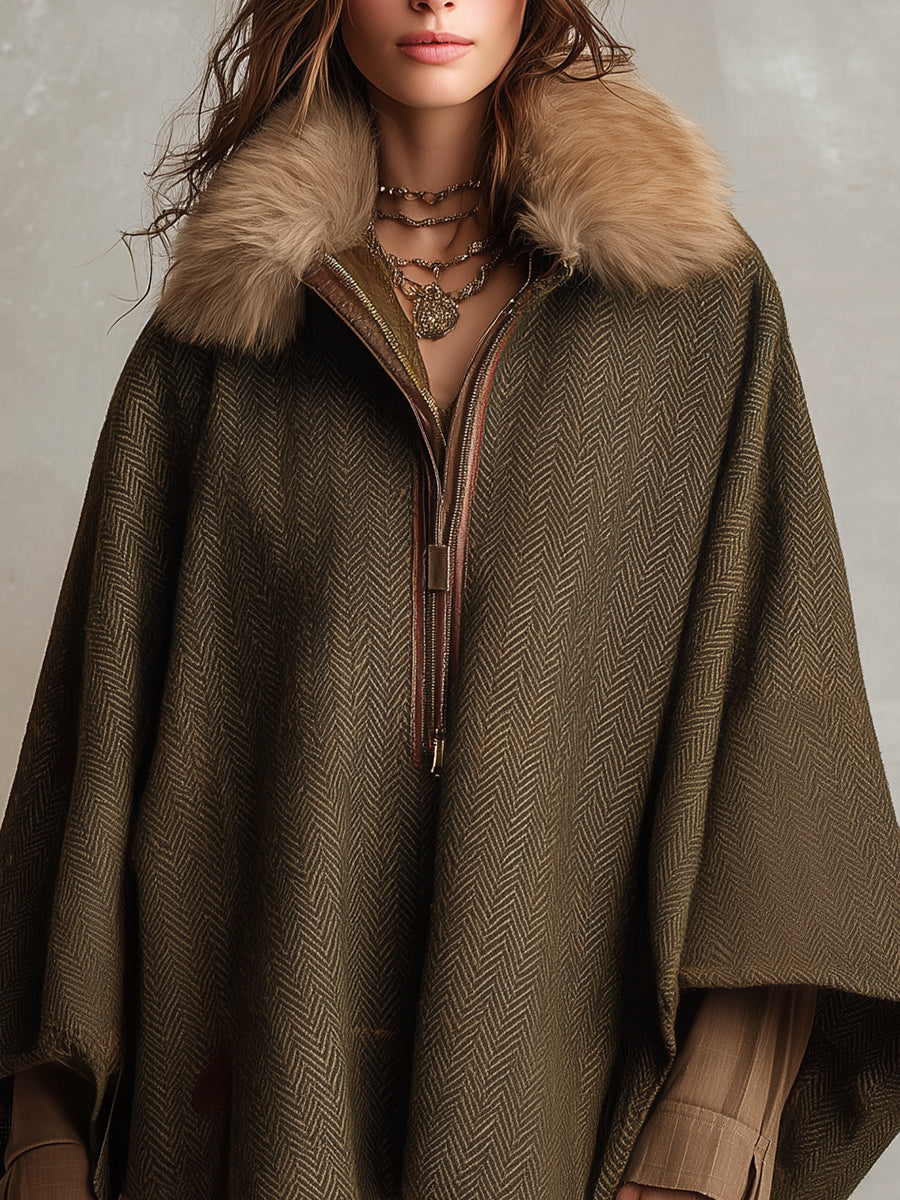 Retro Detachable Fur Collar Bat Sleeve Cape Coat