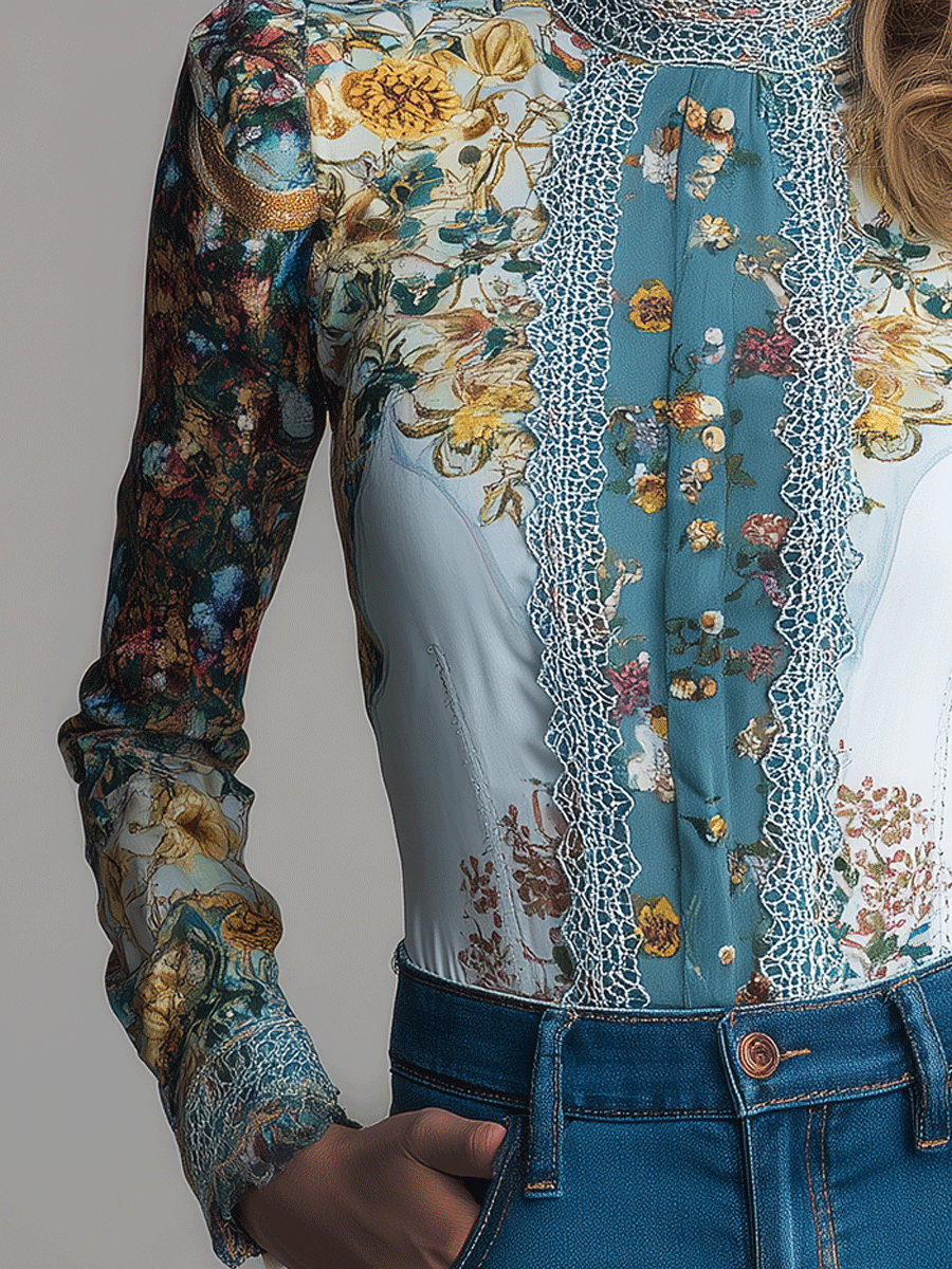 Vintage Bohemian Romantic Floral Lace High-Neck Blouse