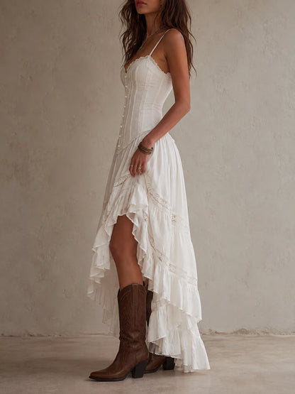 White Lace Corset Spaghetti Strap Ruffle Maxi Dress
