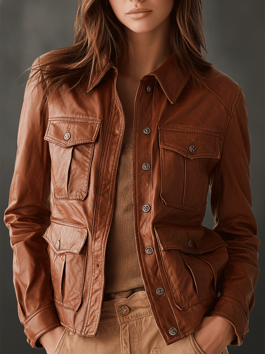 Vintage Classic Caramel Utility Leather Jacket