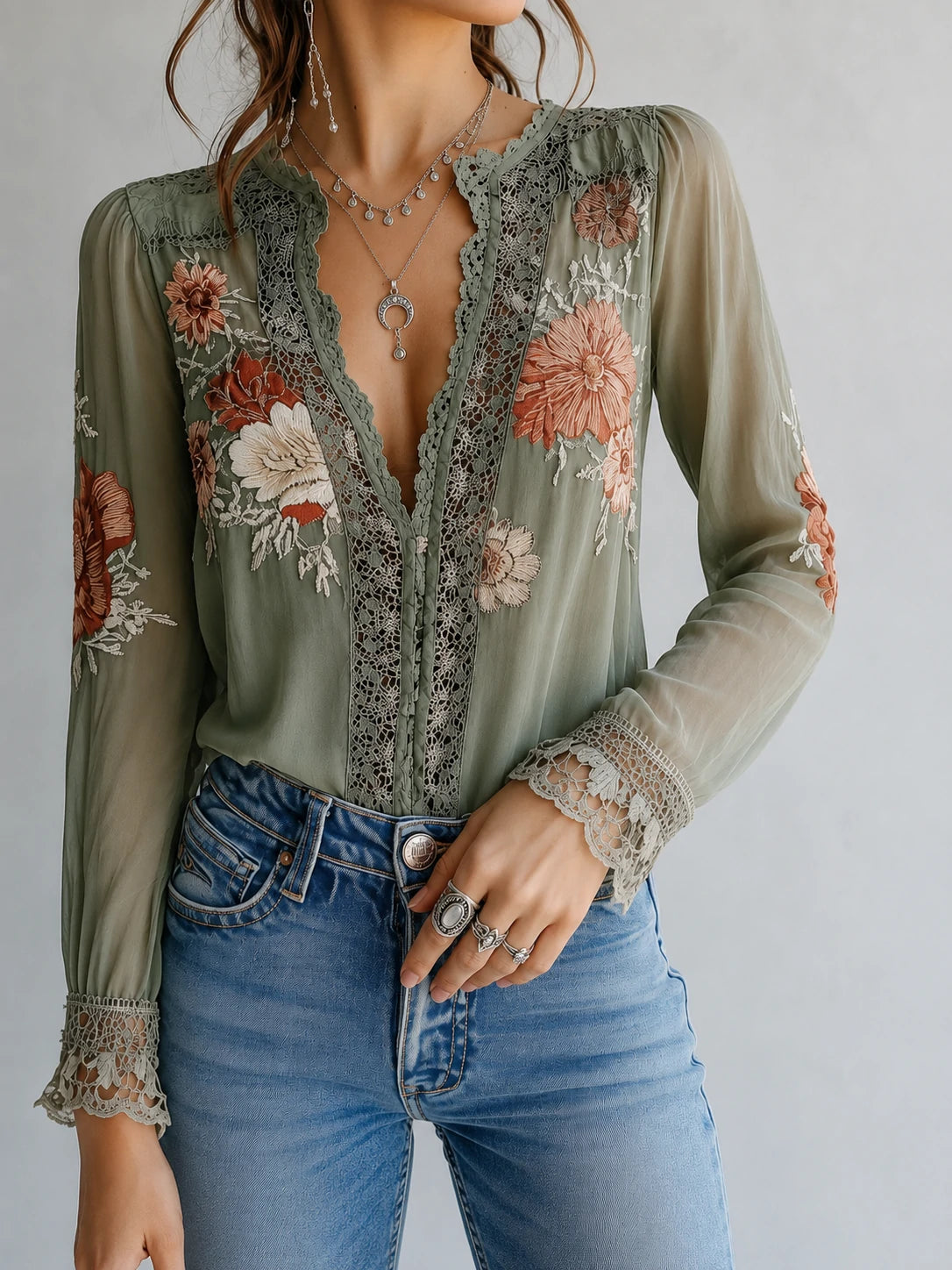 Bohemian Floral Printed Lace Blouse