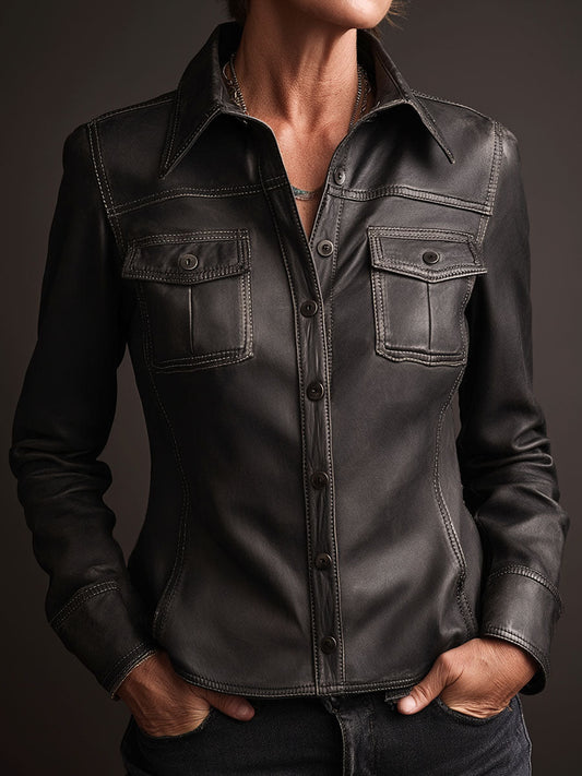 Black Eco Leather Contrast Stitching Shirt Jacket With Pockets