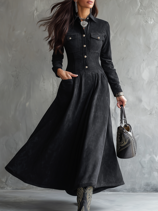Vintage Button Long-sleeved Suede Midi Dress