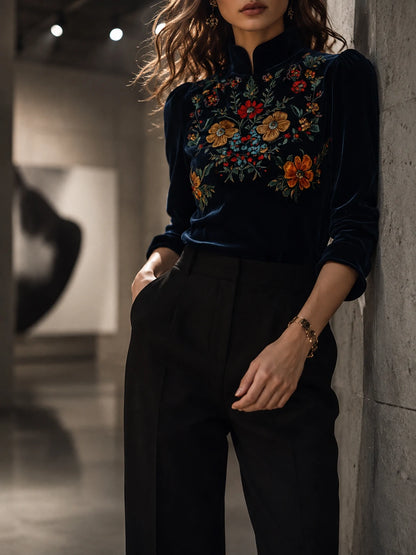 Elegant Stand Collar Embroidery Velvet Long Sleeves Top