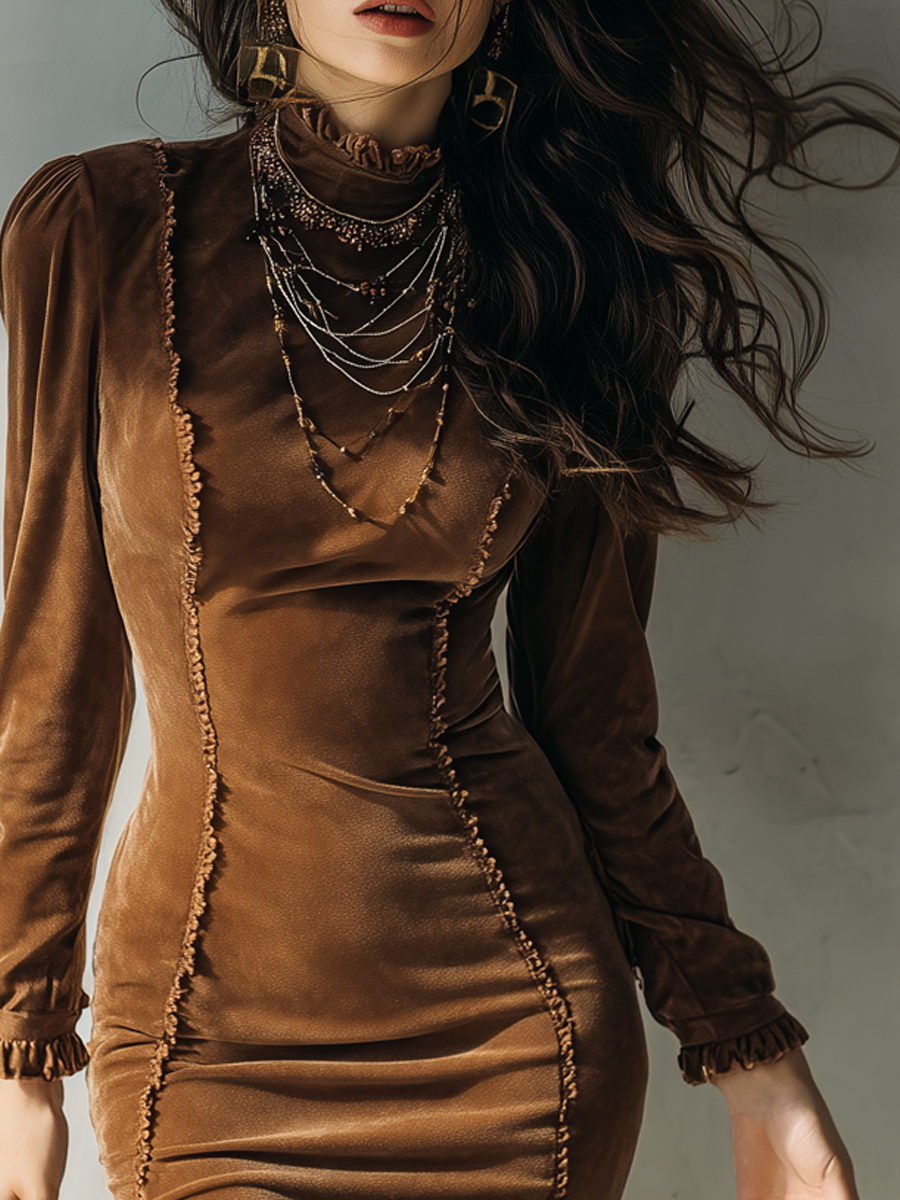 Retro Ruffled Slim-fit Polyester Velvet Mini Dress