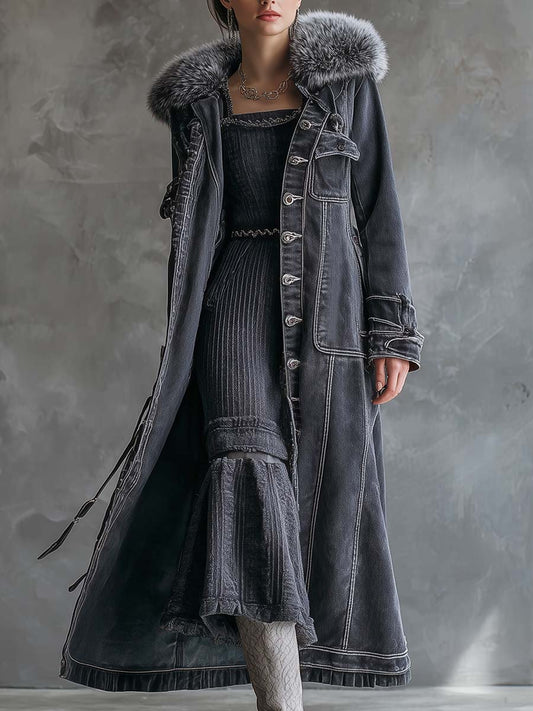 Vintage Washed Grey Denim Coat With Faux Fur Collar
