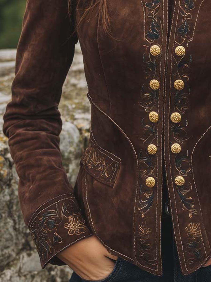 Baroque Gold Embroidered Micro Suede Slim-fit Jacket