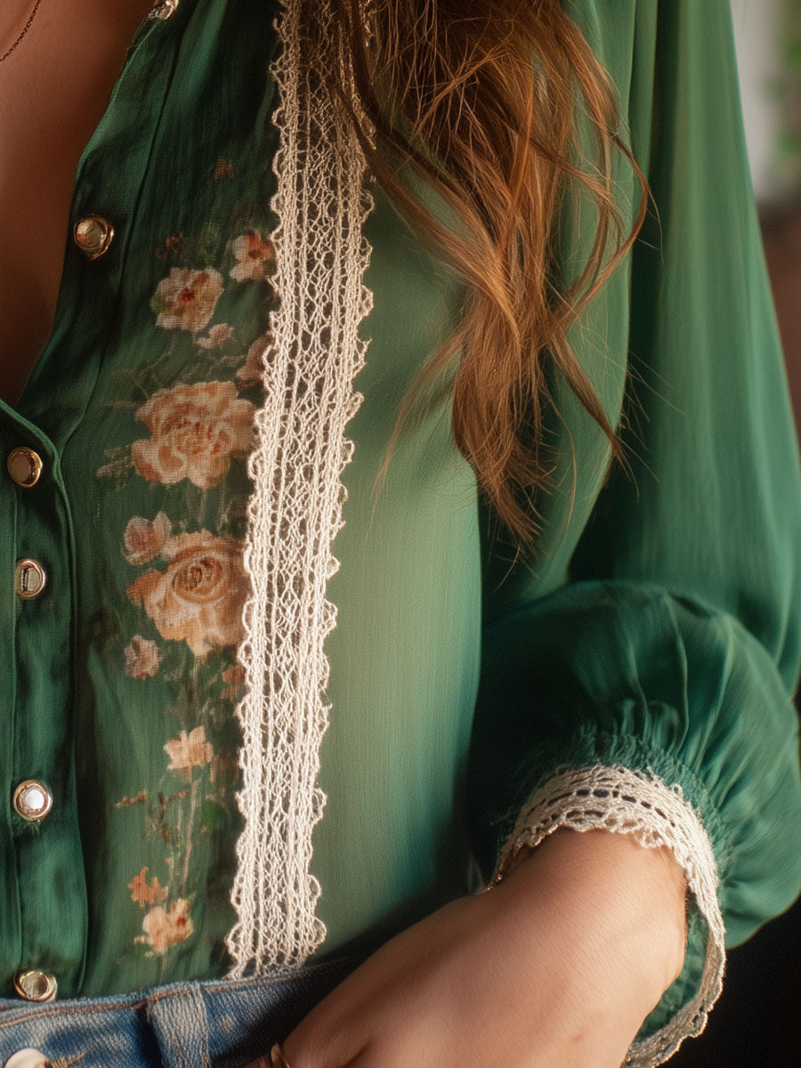 Vintage Chiffon Print Lace Panel Blouse