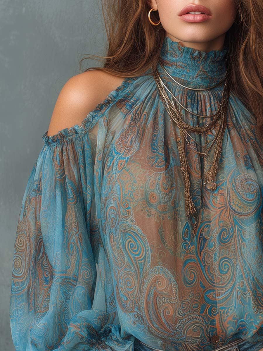 Vintage Cold Shoulder Paisley Blouse