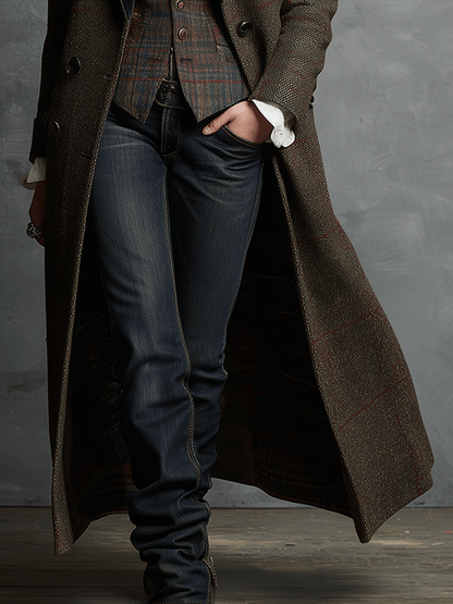 Heritage Vintage Tailored TweedVelvet Collar Detail Long Coat