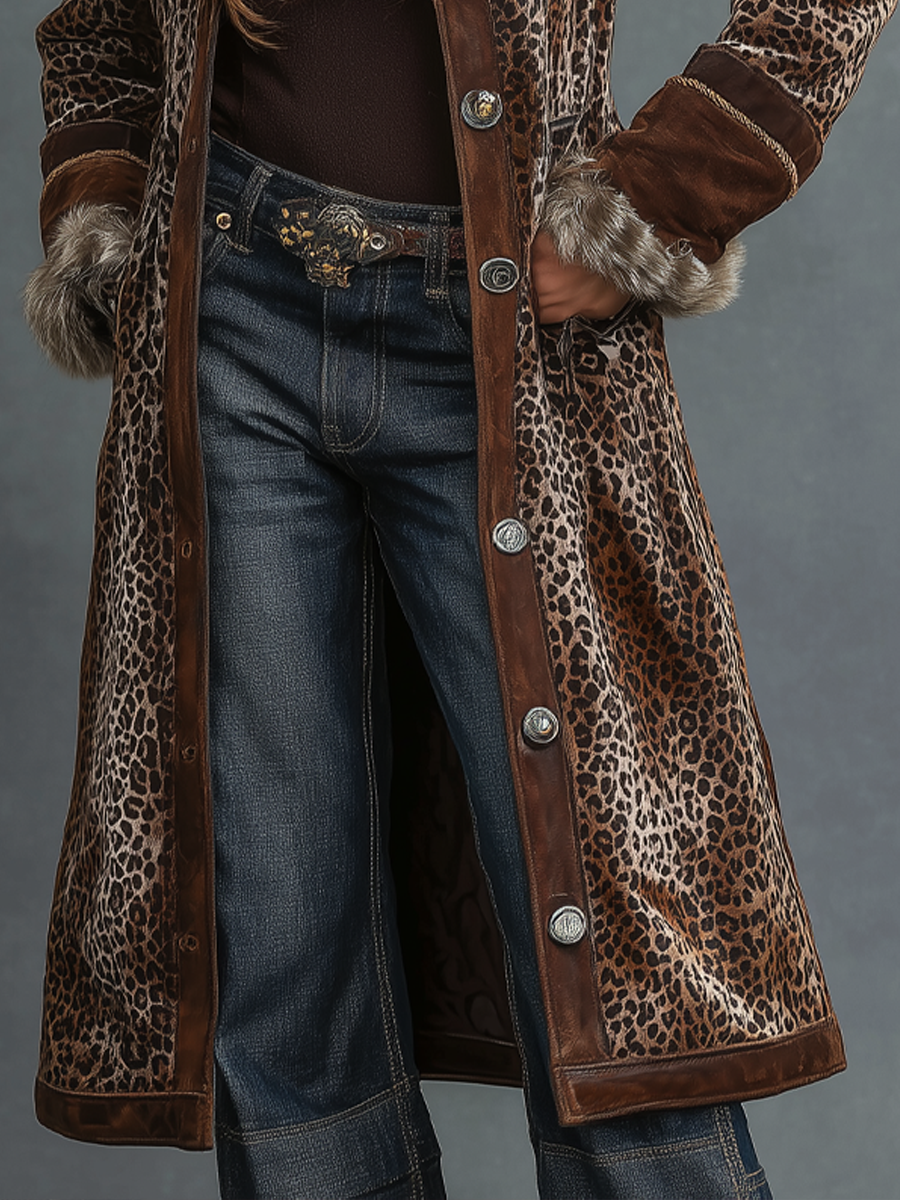 Vintage Leopard Print Polyester Velvet Suede Eco-friendly Fur Collar Coat