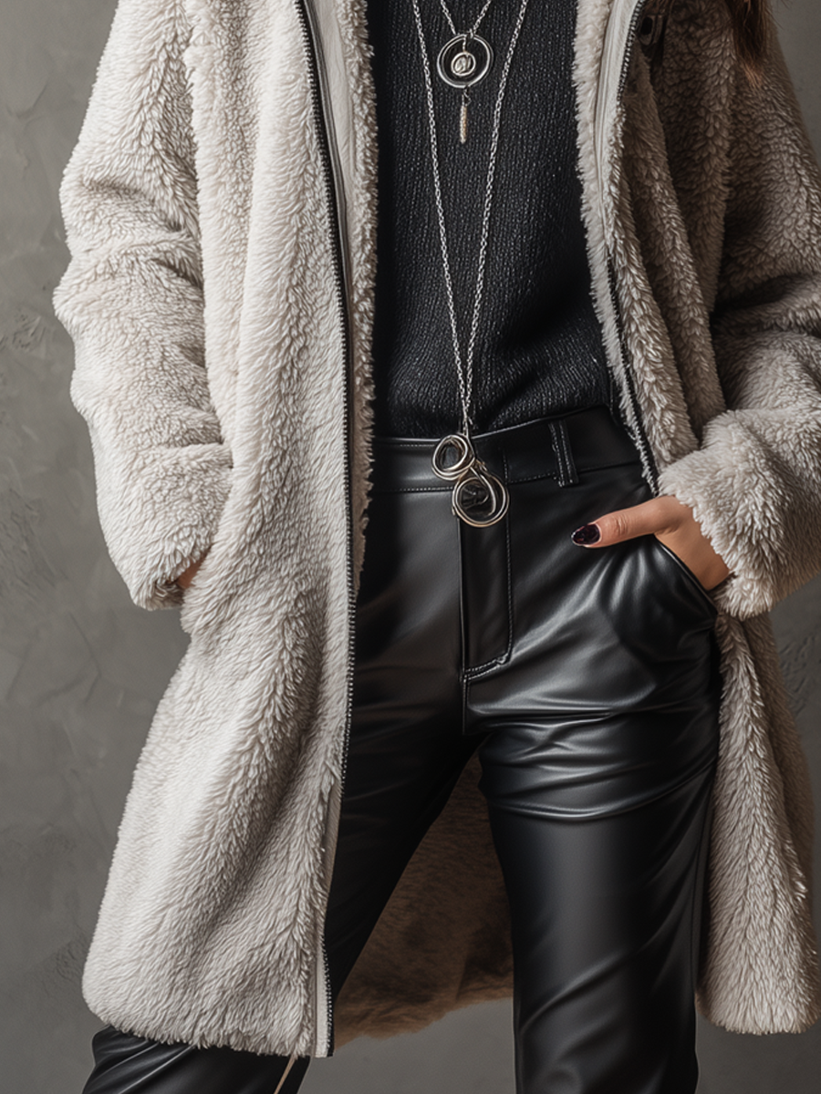 Vintage Zip-up Collar Teddy Fleece Fitted Coat