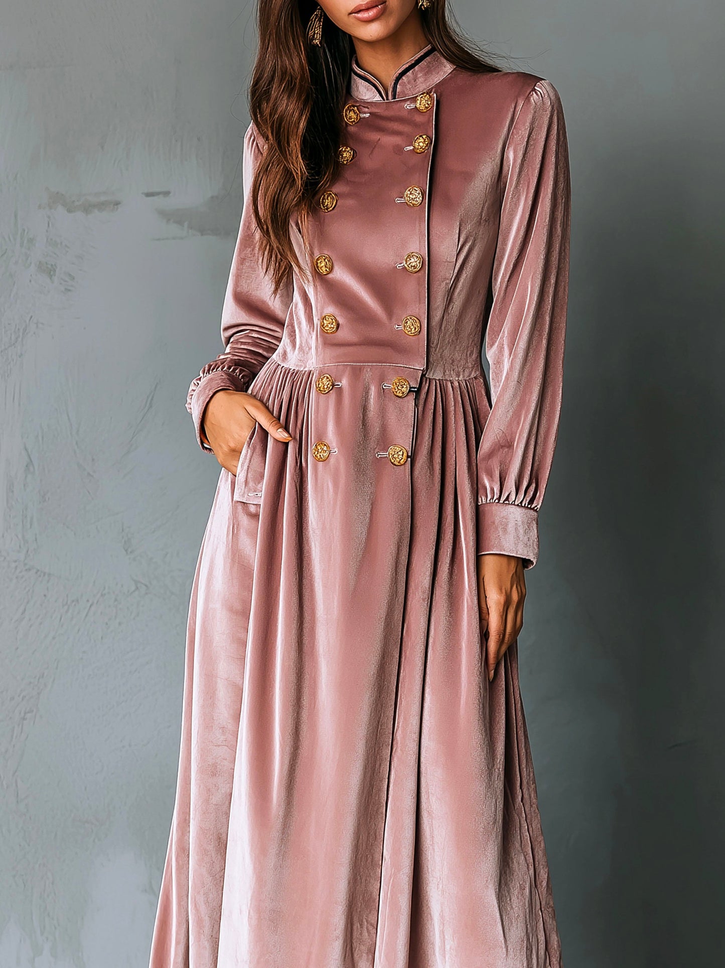 Elegant High Collar Duusty Pink Velvet Doulbe-breasted Midi Dress