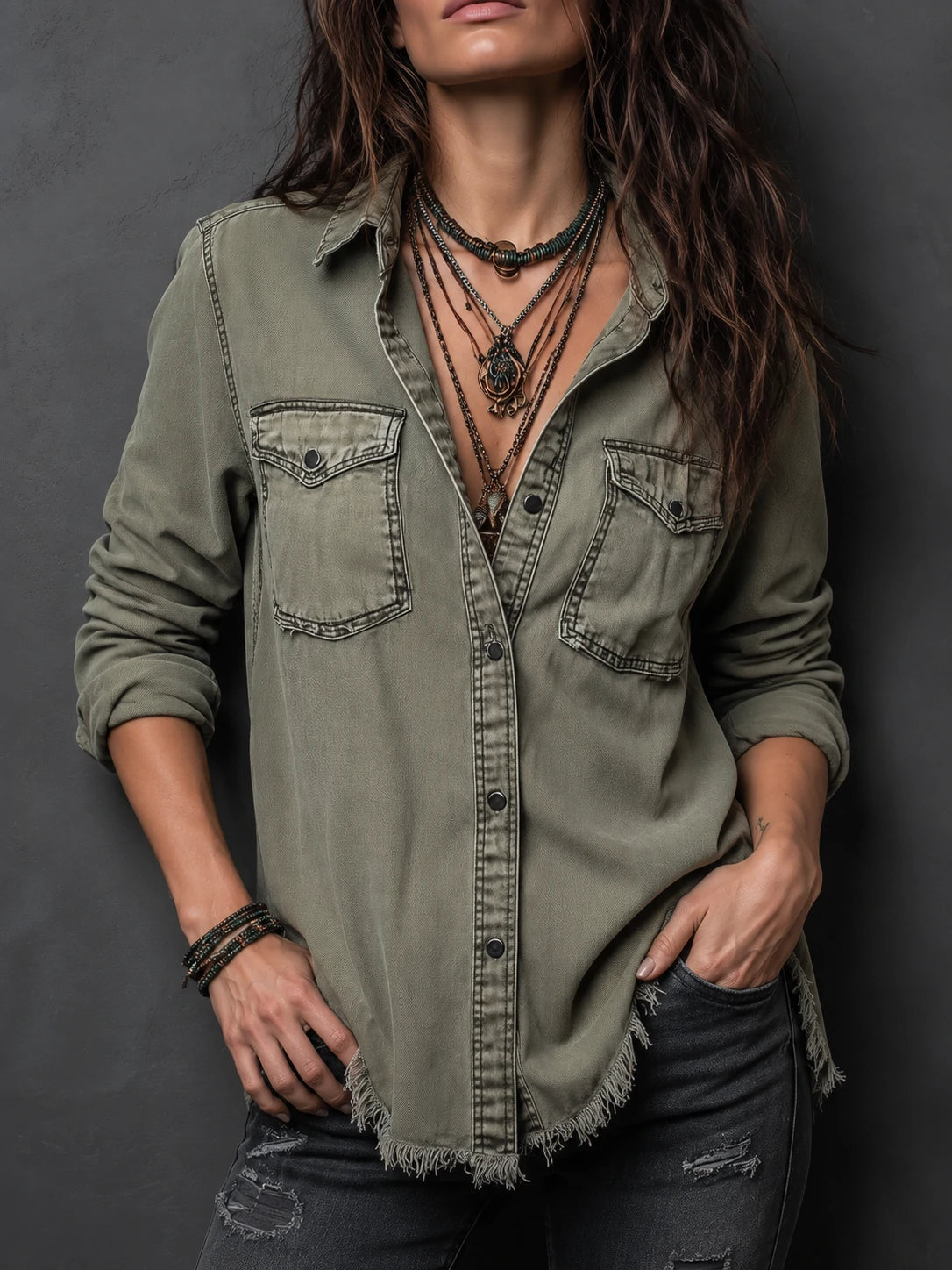 Vintage Pockets Long Sleeve Washed Blouse