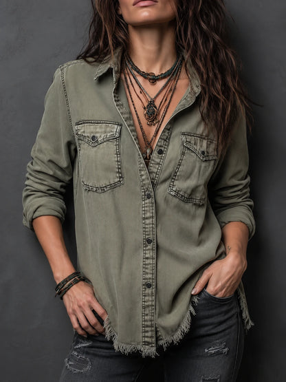 Vintage Pockets Long Sleeve Washed Blouse