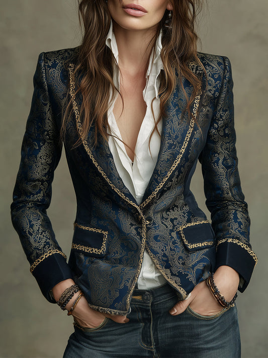 Vintage Satin Paisley Lapel Blazer With Woven Trim