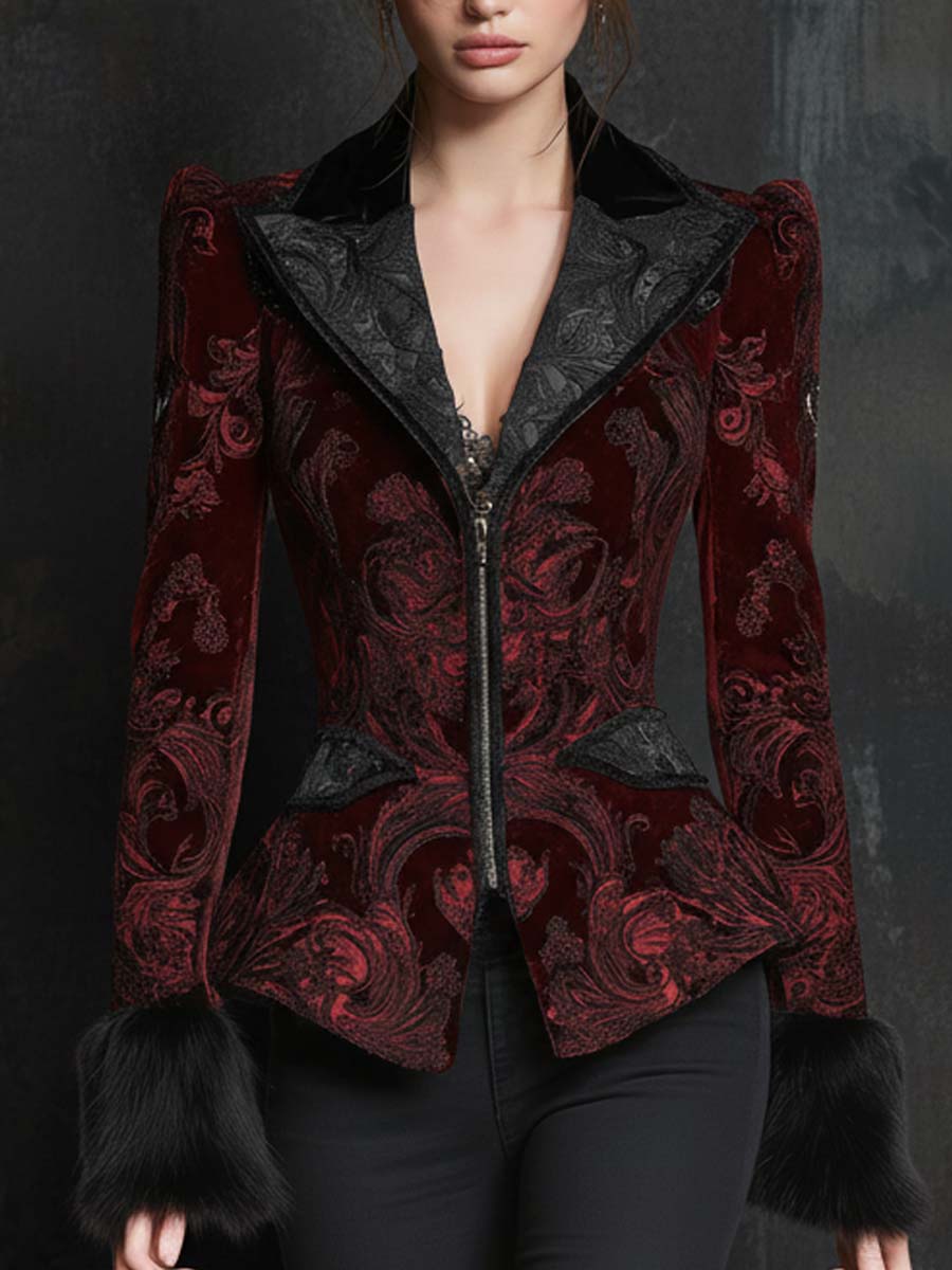 Burgundy Velvet Jacquard Jacket With Faux Fur Cuffs – Baroque Luxury