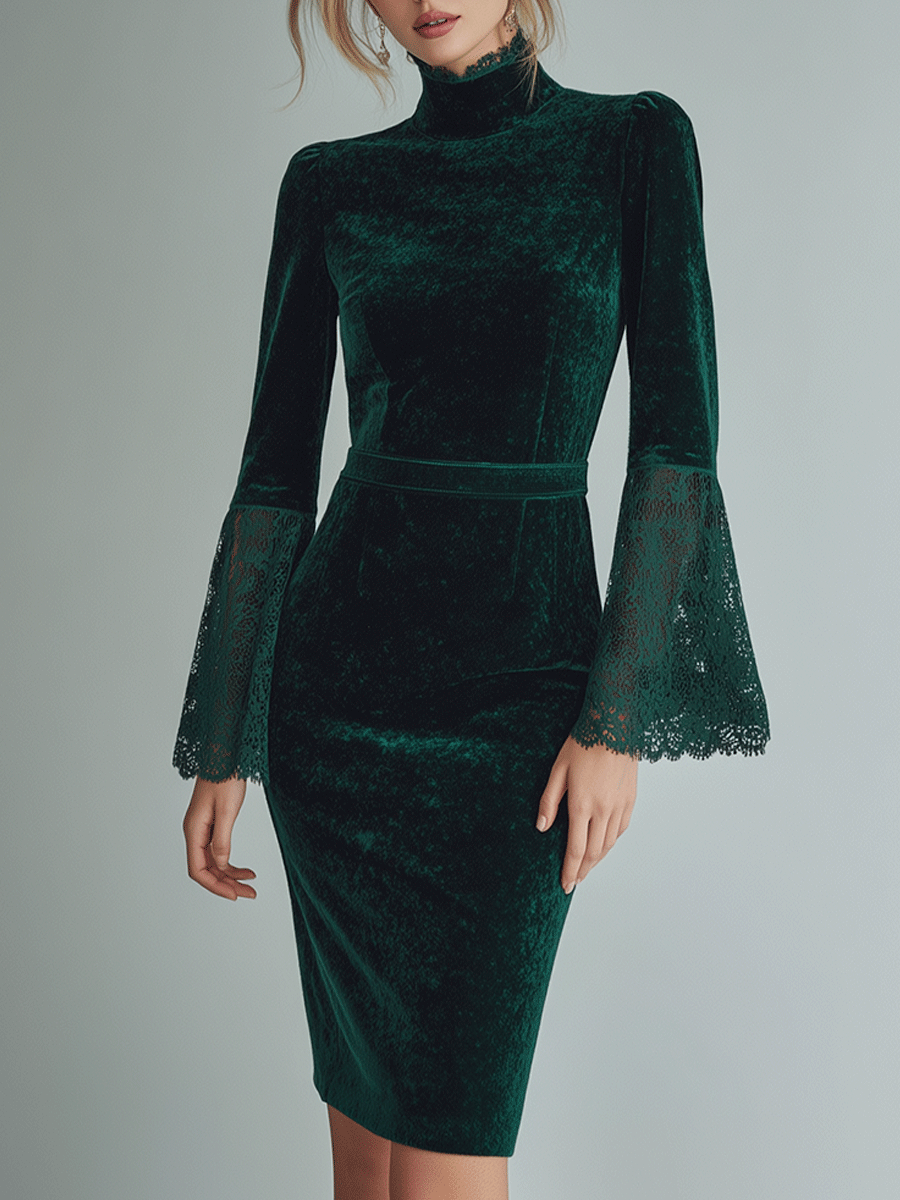 Retro Chic Elegant Emerald Green Lace Flared Sleeves Velvet Midi Dress
