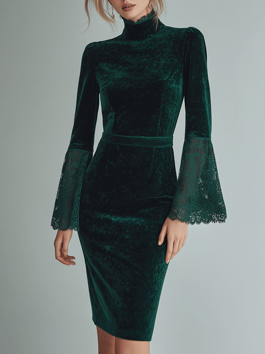 Retro Chic Elegant Emerald Green Lace Flared Sleeves Velvet Midi Dress