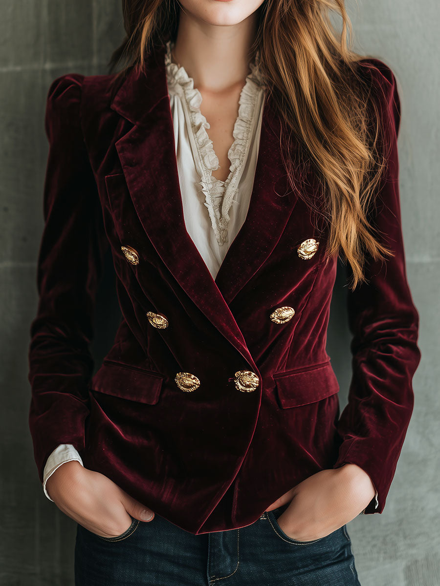 Retro Burgundy Velvet Double-Breasted Blazer With Gold Buttons