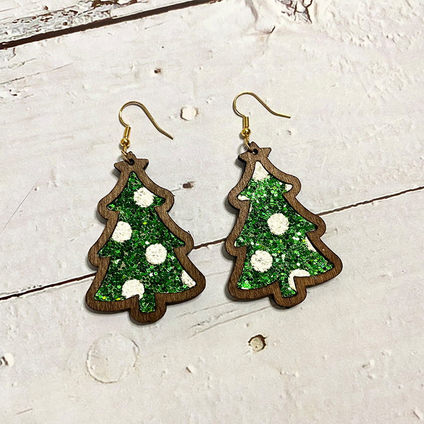 Xmas Tree Wood Bezel Cheetah Print Genuine Leather Christmas Earrings