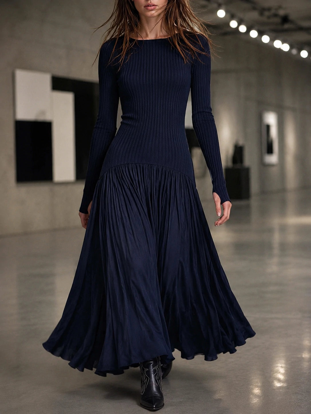 Ribbed Knit And Pleated Chiffon Midi Dress