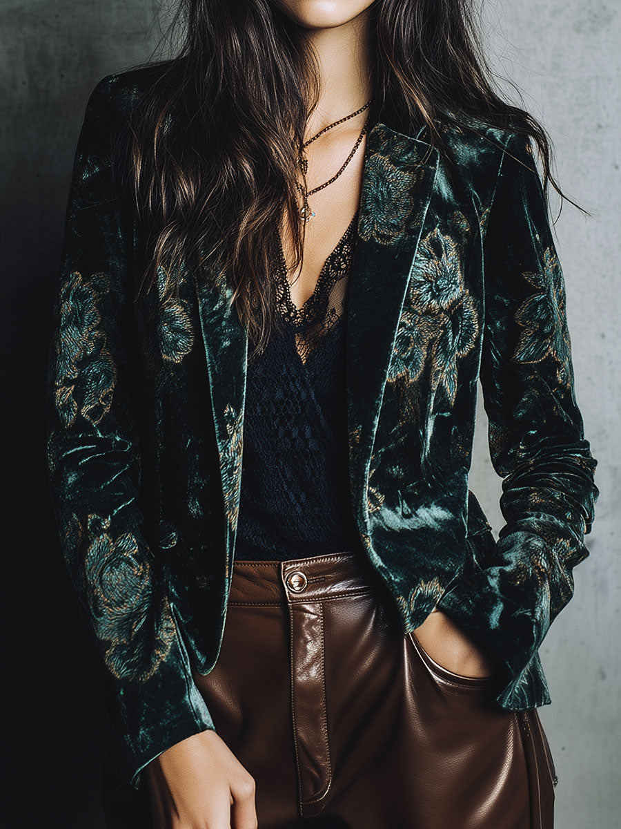 Chic Luxury Green Floral Print Velvet Blazer