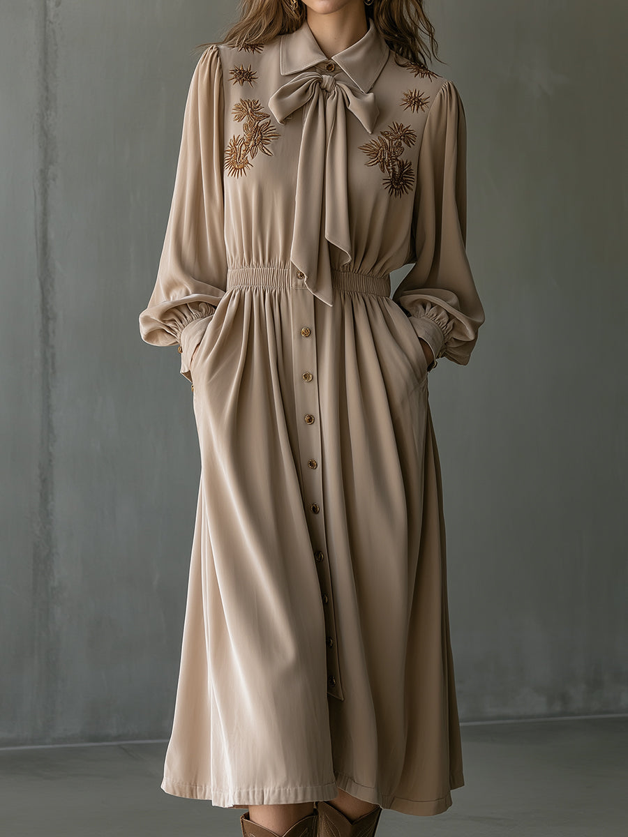 Vintage Romantic Golden Taupe Bow-Tie Embroidered Midi Dress