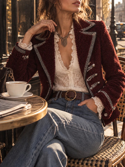 Women's Contrast Trim Burgundy Teddy Fleece Military Jacket