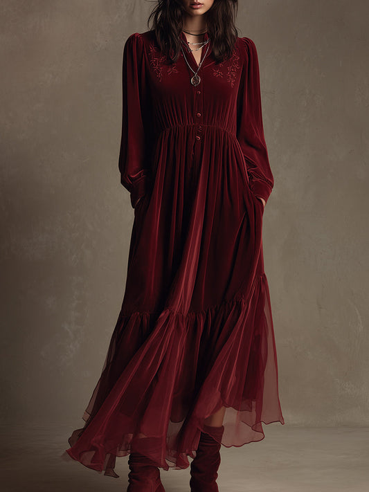 Quiet Luxury Velvet Embroidered Chiffon Ruffled Hem Maxi Dress