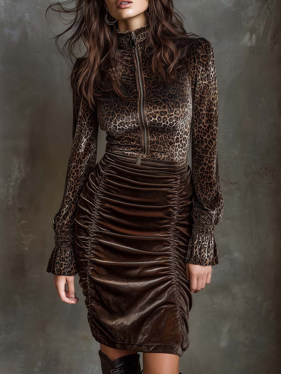 Leopard Print Velvet Ruched Bodycon Dress With Zipper Collar