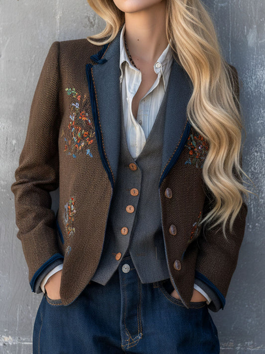 Bohemian Brown Herringbone Embroidered Blazer