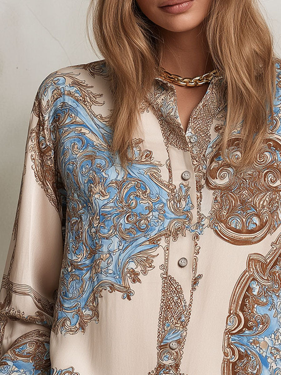 Vintage Baroque Pattern Print Satin Button-Down Shirt