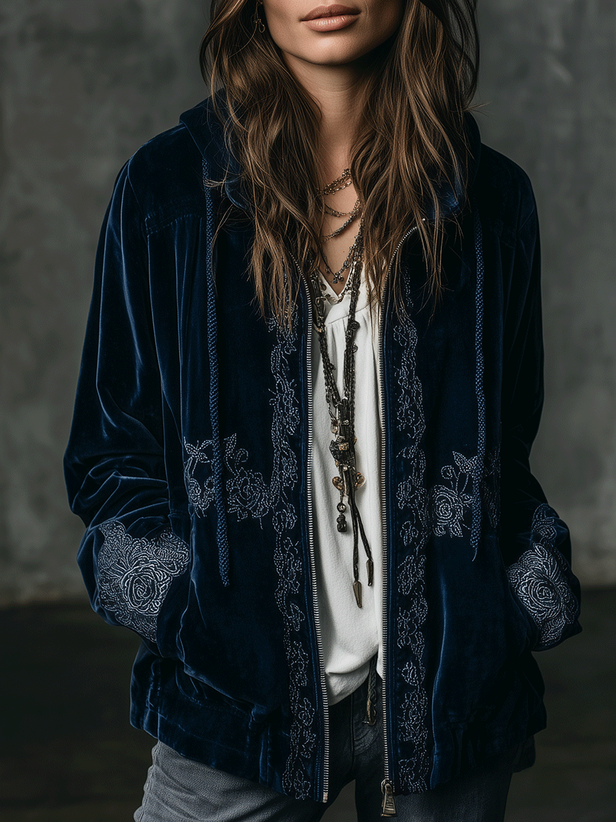 Boho Navy Blue Embroidered Velvet Hooded Jacket