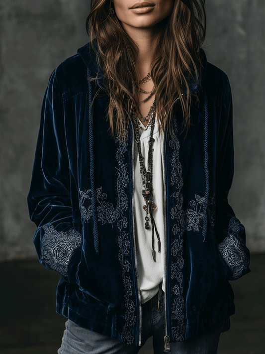 Boho Navy Blue Embroidered Velvet Hooded Jacket