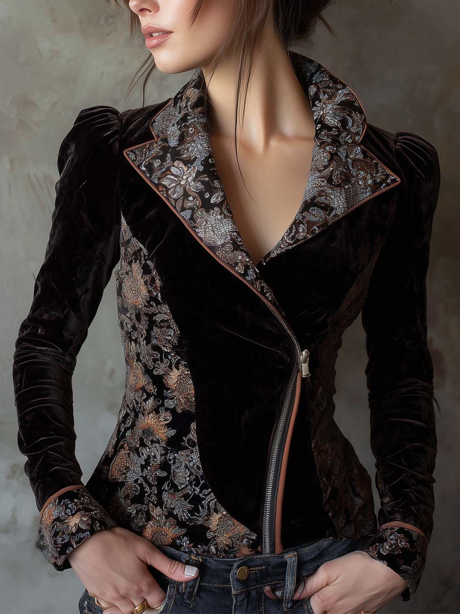 Vintage Floral Printed Velvet Jacket – Midnight Baroque Elegance