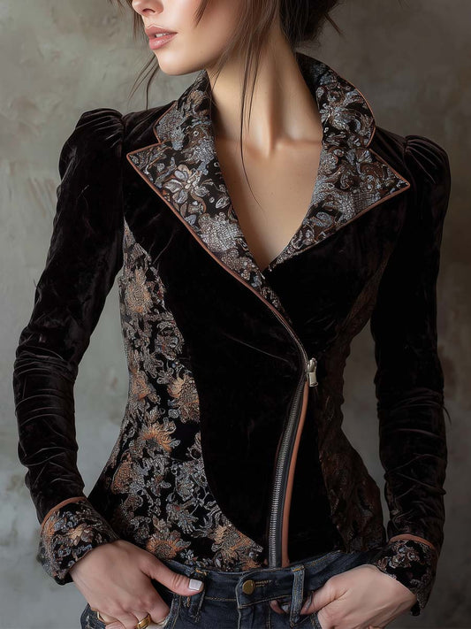 Vintage Floral Printed Velvet Jacket – Midnight Baroque Elegance