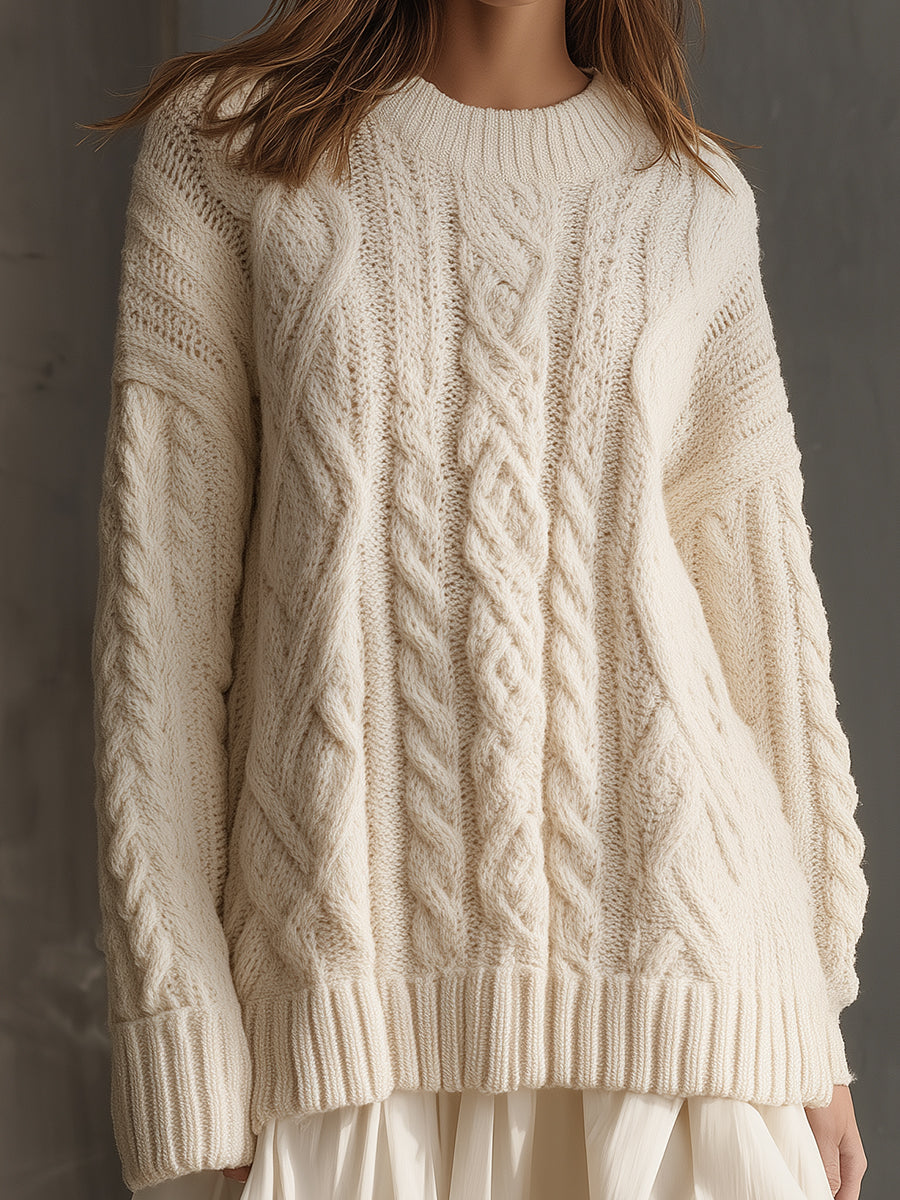 Retro Cable Knit Sweater With Pleated Patchwork Hem Mini Dress