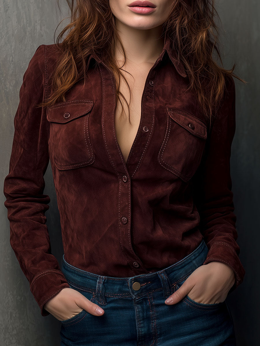 Chestnut Brown Eco Suede Western Shirt With Pockets